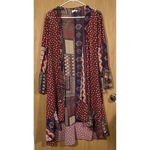 Grace & Emma Boho Open Cardigan Duster Patchwork Sheer Bell Sleeves Festival S/M